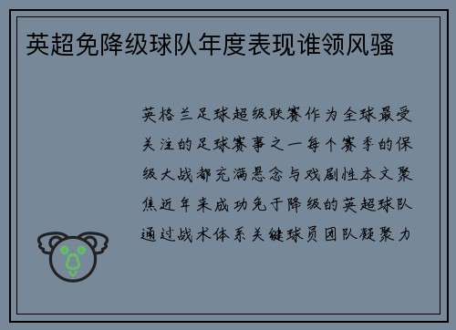 英超免降级球队年度表现谁领风骚