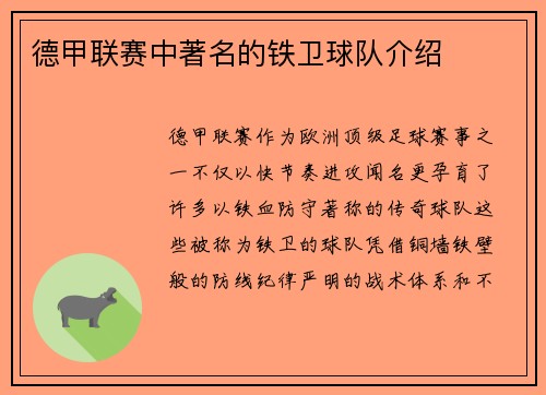 德甲联赛中著名的铁卫球队介绍