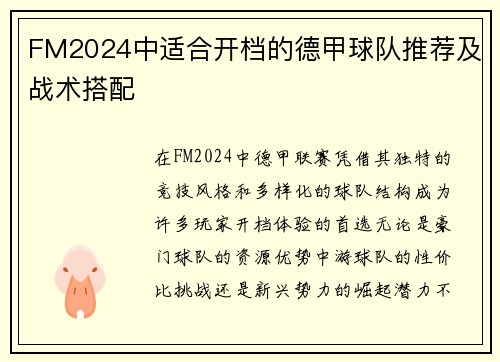 FM2024中适合开档的德甲球队推荐及战术搭配
